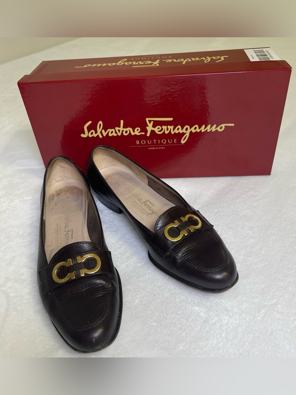 Salvatore Ferragamo Dark Brown Lizard Embossed Gancini Loafers 5.5B w/ Box